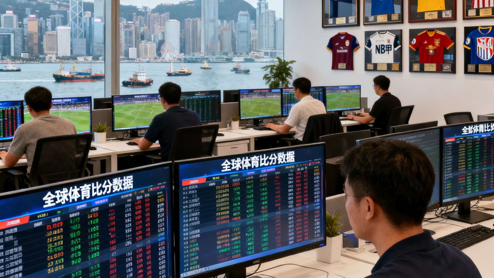 188比分网香港总部办公室的内景照片，开放式的办公区域里整齐排列着多台大屏幕显示器，上面实时滚动着全球各地的体育比分数据，几名员工正在专注工作，窗外是维多利亚港的壮丽景色，办公室装饰风格现代简约，墙上挂着各大联赛的纪念球衣